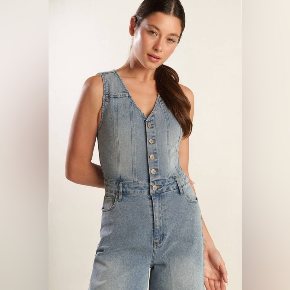 Western Mid Wash Denim Jumpsuit – Wide Leg One-Piece - Picture 7 of 10